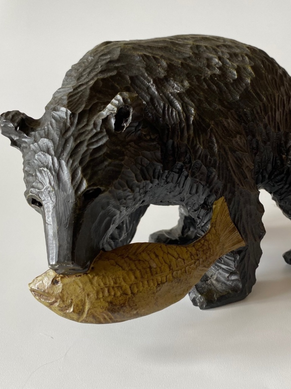 Vintage Kibori Kuma Style Bear Figurine with Salmon: Retro Resin Reproduction